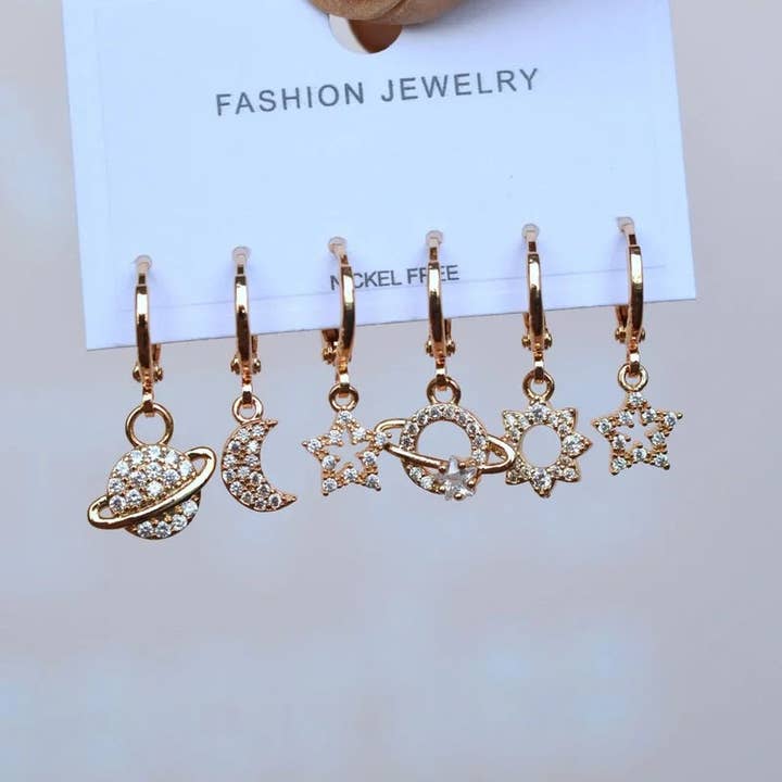 Planet, stjerne, måne og sol galakse øreringesæt - 6 stykker guld og sølv for engroshandel hos StockJWL