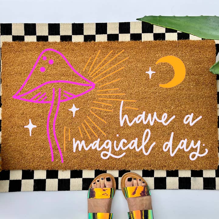 Magic Mushroom Coir Doormat, size 18x30, outdoor welcome mat for wholesale by Cindy Hughes Design
