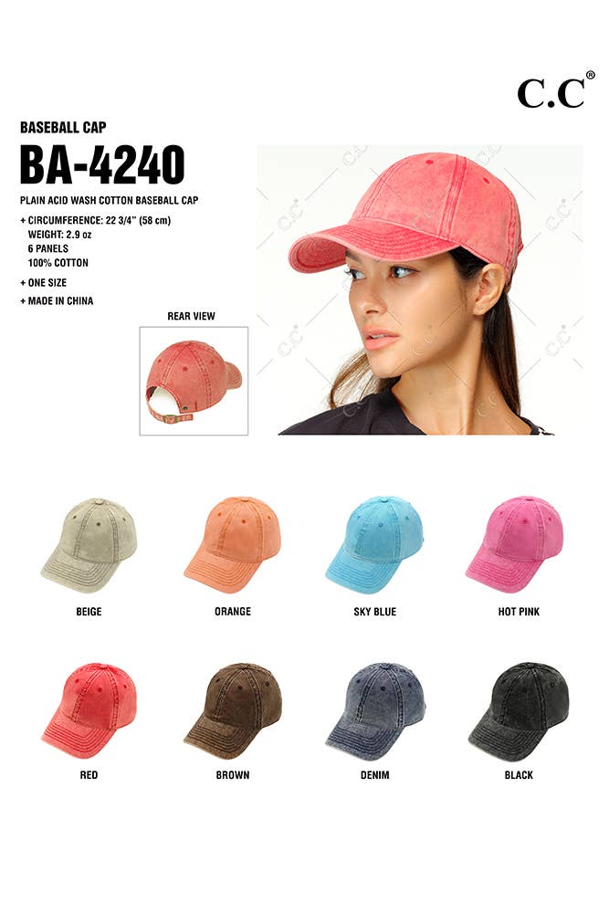 Hana - Wholesale Baseball Cap - Women's - C.C Plain Acid Wash Cotton Baseball Cap6