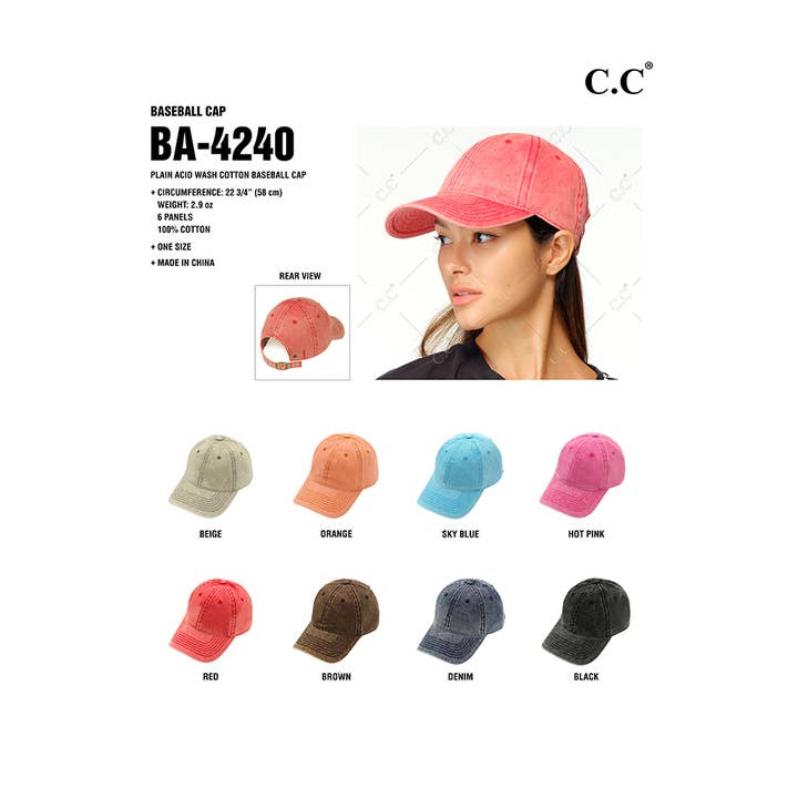Hana - Wholesale Baseball Cap - Women's - C.C Plain Acid Wash Cotton Baseball Cap6