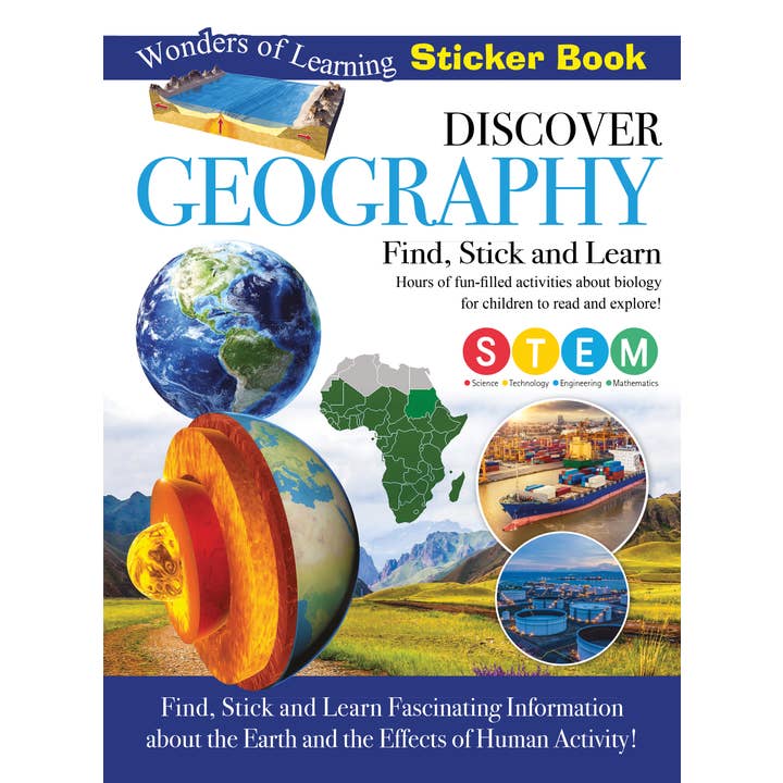 Libro de pegatinas Descubre la geografía: encuentra, pega y aprende para venta al por mayor de Robert Frederick Ltd