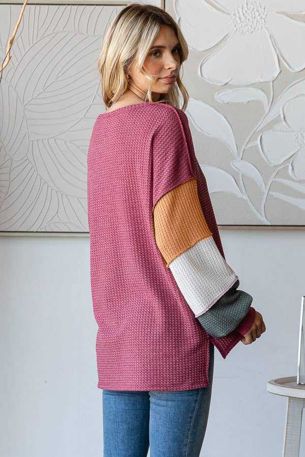 7th Ray – wholesale Knit top – Women's – Waffle Knit Color Block Button Front Balloon Sleeve TopT57241
