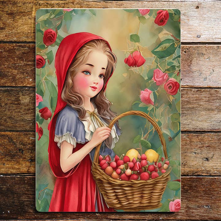 Red riding hood basket flower rose fruit Metal Sign Plaque for wholesale by The British Metal Signs Company