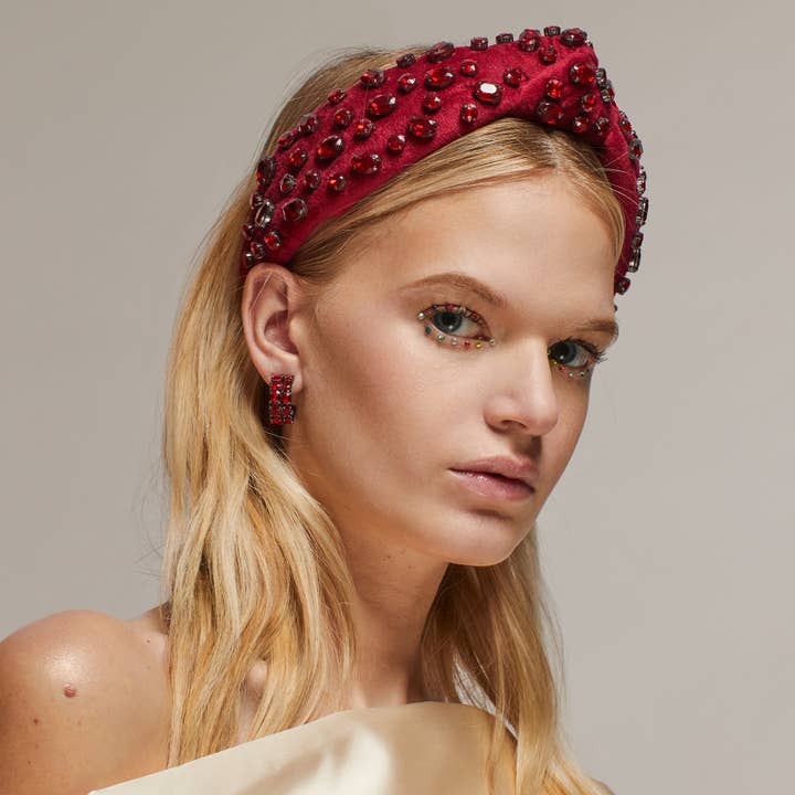 Lele Sadoughi - Wholesale Fashion Headband - Women's - January Garnet Oval Crystal Velvet Knotted Headband