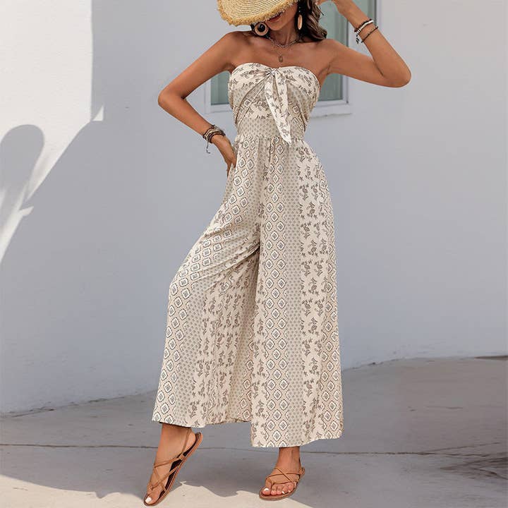 Lovesoft - Wholesale Jumpsuit - Women's - Strapless Smocked Romper Tube Top Flare Trousers Jumpsuit