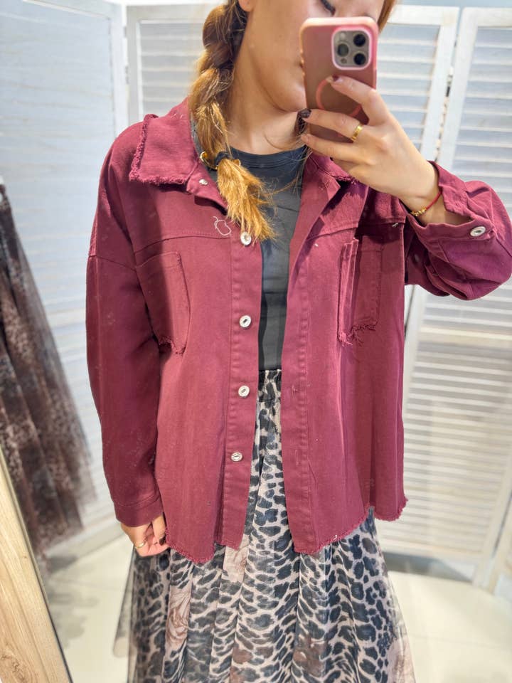 bordeaux Denim jacket with artistic print for wholesale on Faire0