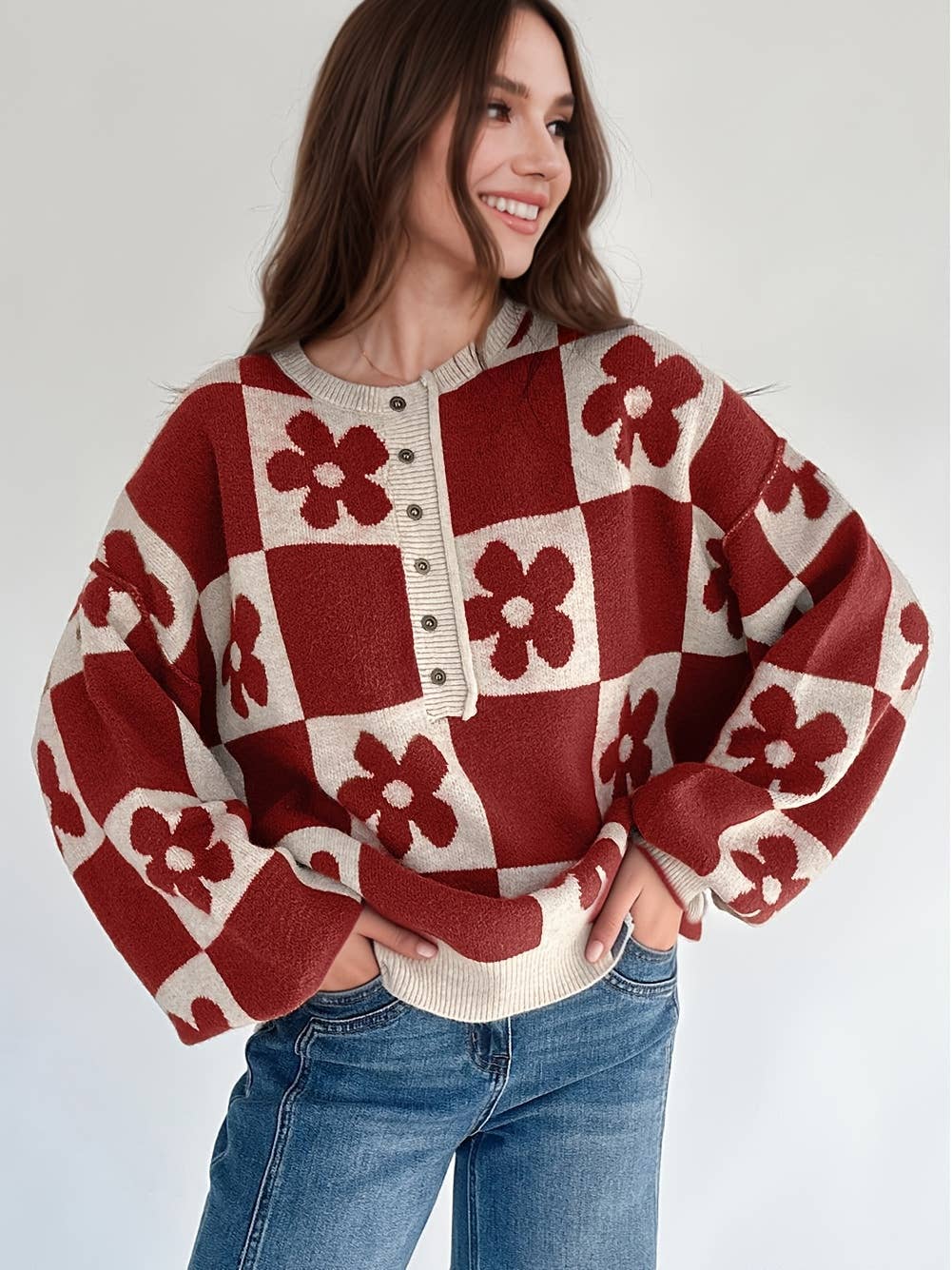 PartyEight - Wholesale Knit Sweater - Women's - Flower Plaid Henley Baggy Sweater8