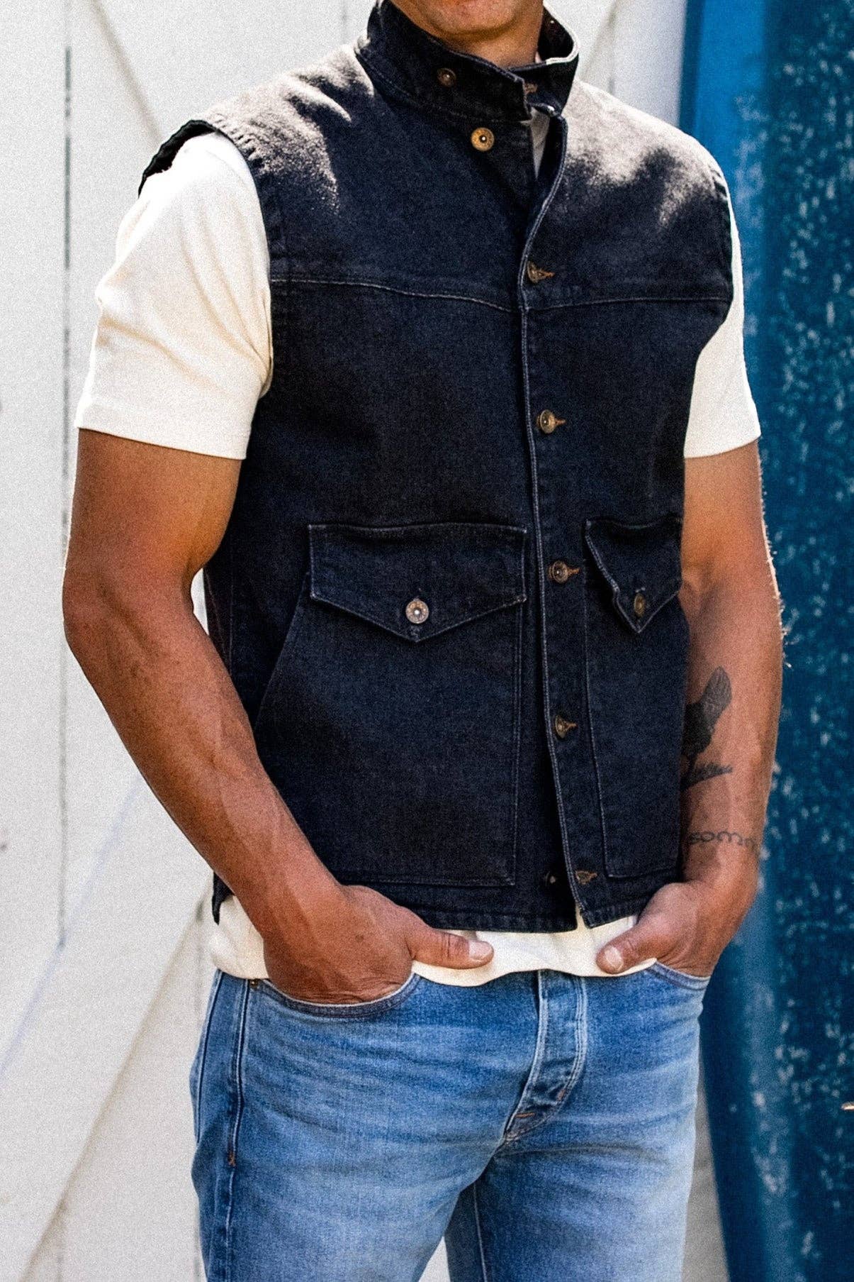 James Vest | Black 14oz Broken Twill Denim for wholesale on Faire10