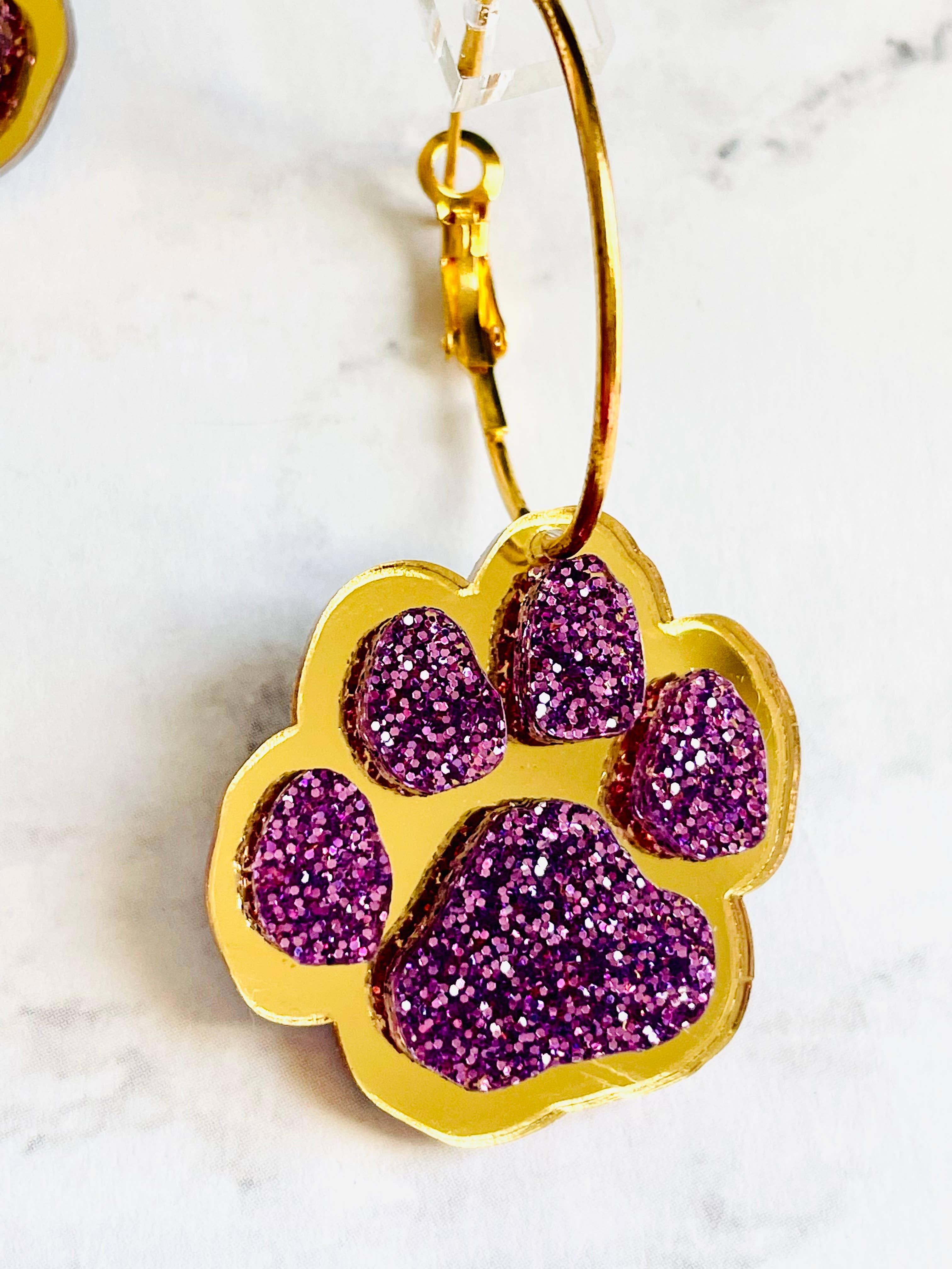 Louie Love - Wholesale Hoop Earrings - Purple & Gold Football Sports Paw Hoop Earrings2