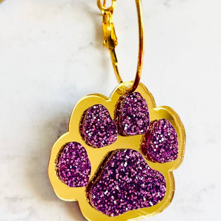 Louie Love - Wholesale Hoop Earrings - Purple & Gold Football Sports Paw Hoop Earrings2
