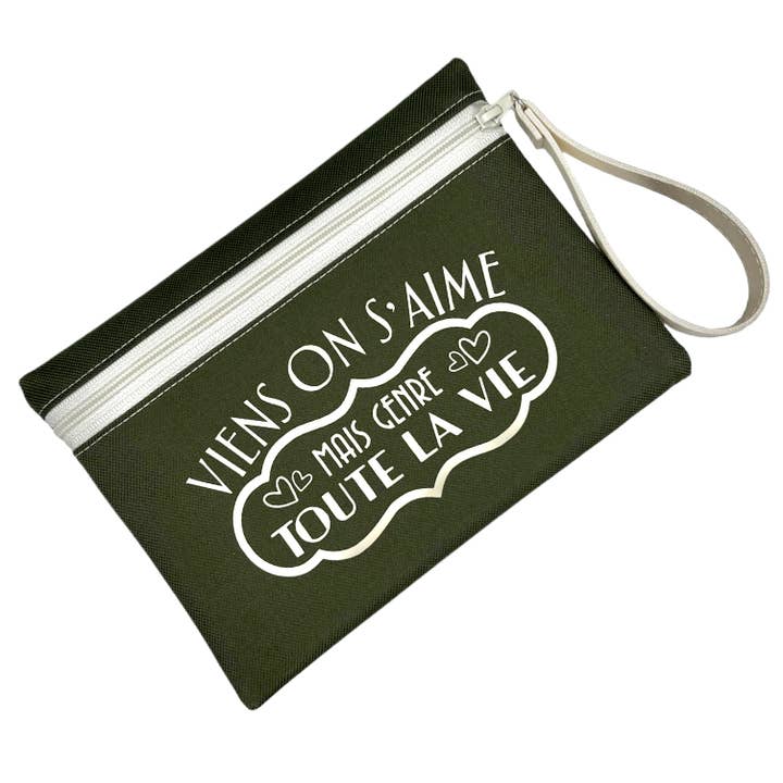 Pouch M, “Come on we love each other but...” Brooklyn khaki for wholesale by Emmanuel Création