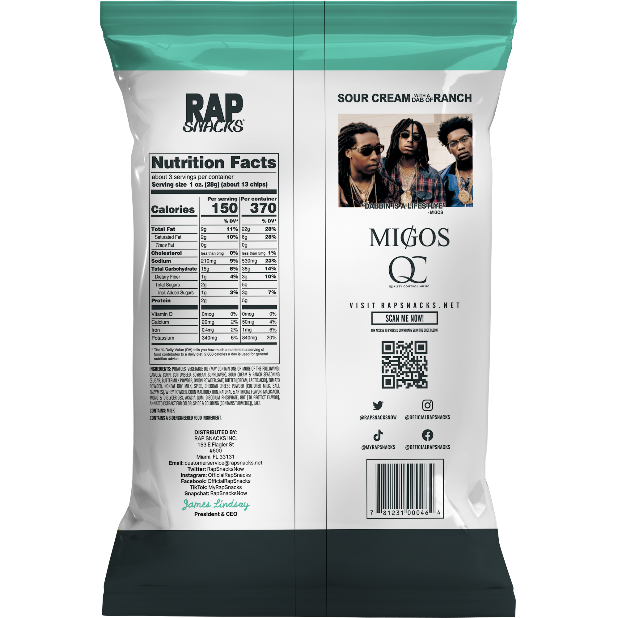 Rap Snacks - Vente Chips - Chips de pommes de terre à la crème sure avec une touche de ranch (2,5 oz) (lot de 10)1