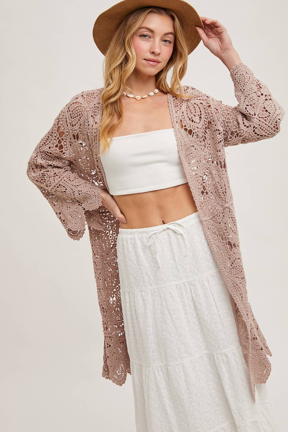 Bluivy - Vente Cardigan – femme - Cardigan en crochet ouvert à manches cloche, longueur genou19