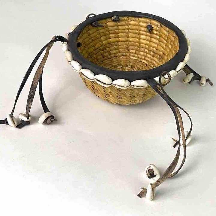 Smallest sorghum stalk leather & cowrie trimmed basket for wholesale by The Niger Bend