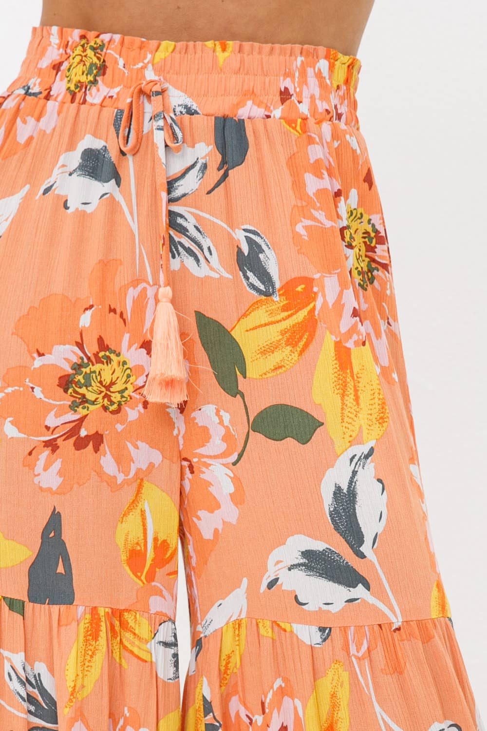 ORANGE 31864P - Pantalon à pompons élastiques à jambes froncées à larges niveaux en rayonne en vente sur Faire4