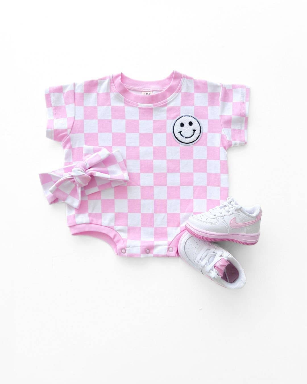 Lucky Panda Kids - Wholesale Bodysuit (Non-Footed) - Baby - Short Sleeve Bubble Romper | Checkered Smiley Pink8
