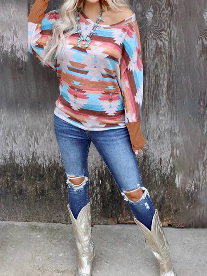 Multi colored TOPW1921 Spring Western Aztec Print O-neck Long Sleeve Top for wholesale on Faire