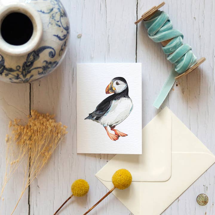 Mini Puffin Watercolour Sustainable Greetings Card for wholesale by Sophie Brabbins
