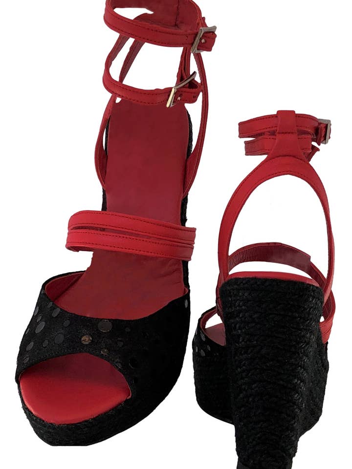 Poseidon Red and Black Nappa Leather Sandal with Polka Dot for wholesale on Faire4