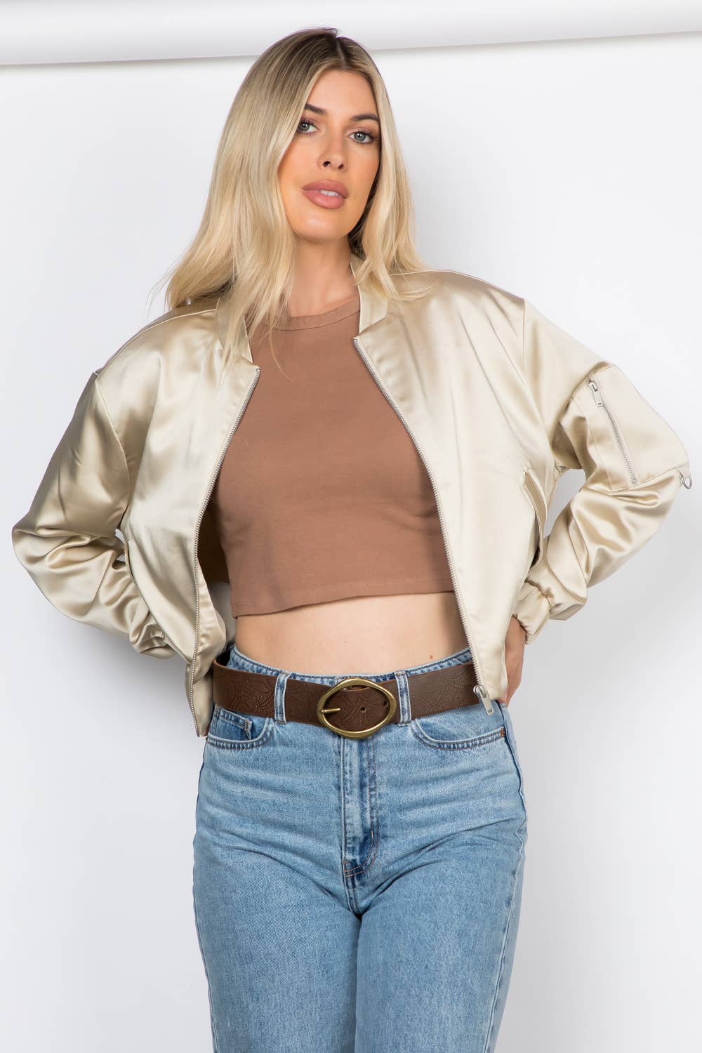 Champagne Elegance Satin Zip Up Bomber Jacket for wholesale on Faire2