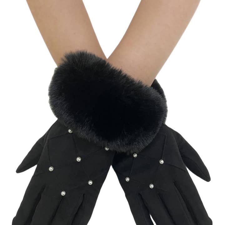 Fashion Scarf World - Wholesale Gloves - Women's - Pearl Diamond Print Faux Fur Trim Touch Screen Gloves7