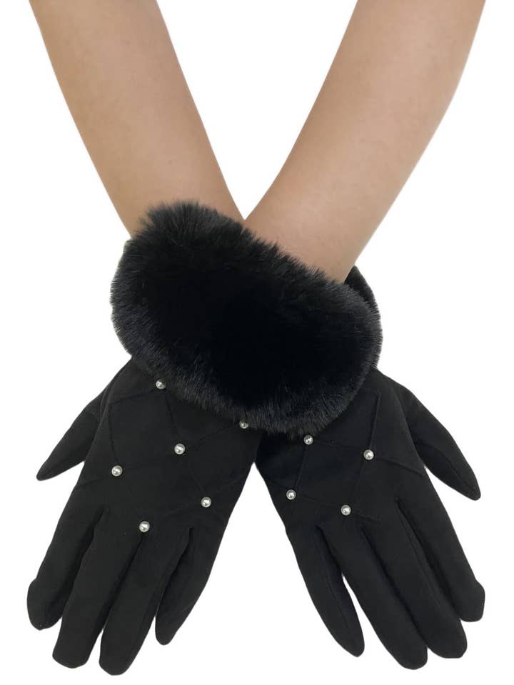 Pearl Diamond Print Faux Fur Trim Touch Screen Gloves for wholesale by Fashion Scarf World