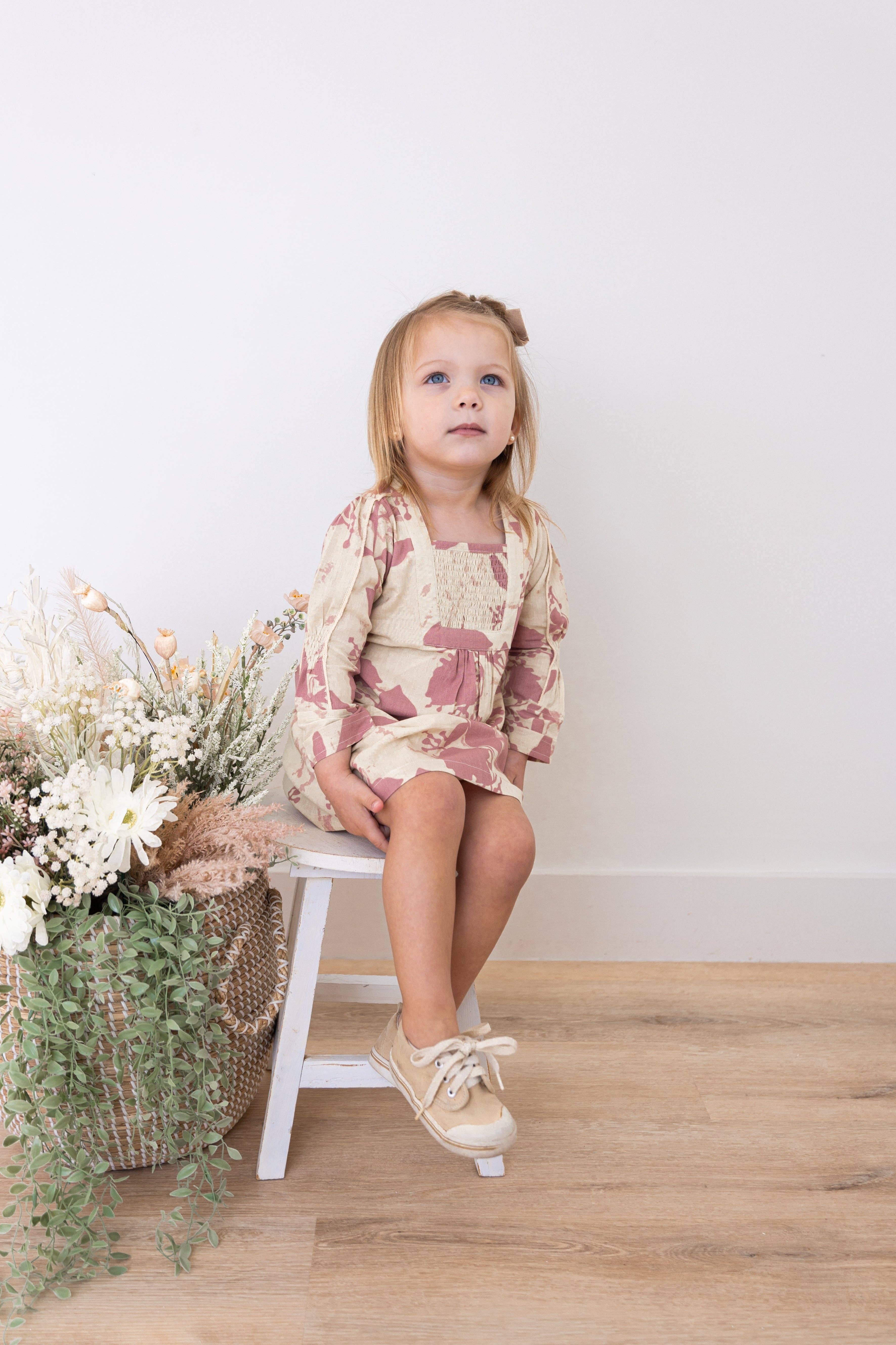 Yo Baby – Vestido - Crianças por atacado – Vestido Comprido com Estampado Floral Rosa Escuro e Mangas Compridas Franzidas4