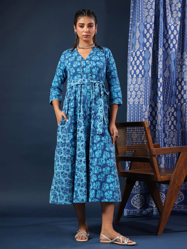 Pure Blue Indigo Handblock Printed Dress for wholesale by Jaipur Morni USA