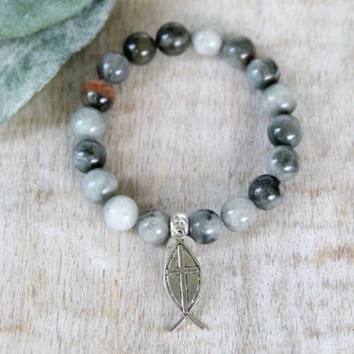 Bracelet en pierre naturelle Christian Fish and Eagle Eye de 10 mm pour la vente par Eve and Grace Designs