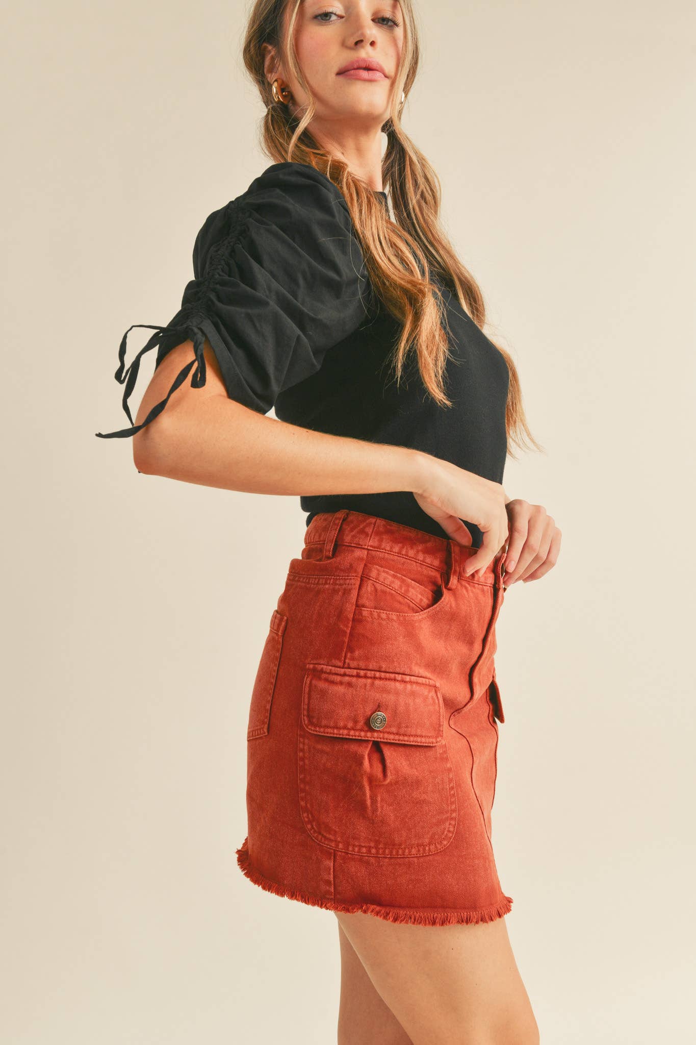 &MERCI - Wholesale Knit Top - Women's - RUCHED SLEEVE MIXED MEDIA TOP MSW246420