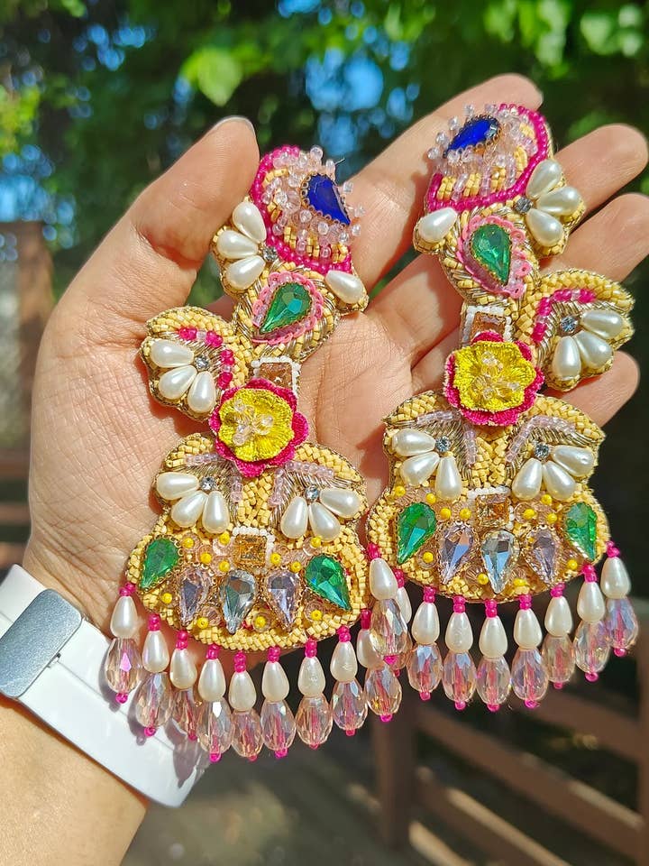 Statement Indian Beaded Earrings Bridal Peacock Bird Jewelry for wholesale by ShopHimalaya
