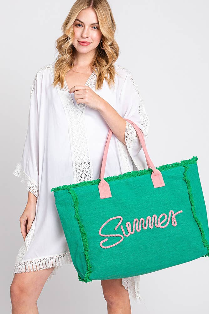 Hana – Saco de praia por atacado – Bolsa de lona amarela com franjas, corda costurada e palavra 'Summer'5