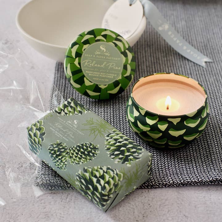 Soap & Paper Factory - Wholesale Gift Bag Set/Pack - Roland Pine Tin Candle & Soap Holiday Gift Set