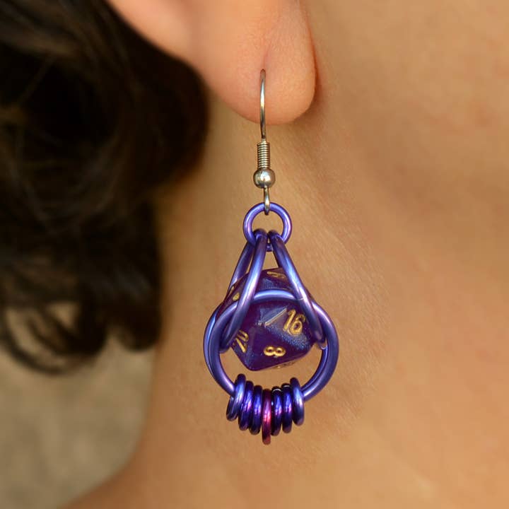Rebeca Mojica Jewelry – wholesale Dangle earrings – d20 Purple Magic Earrings - Mini Dice in Chainmaille Cage5