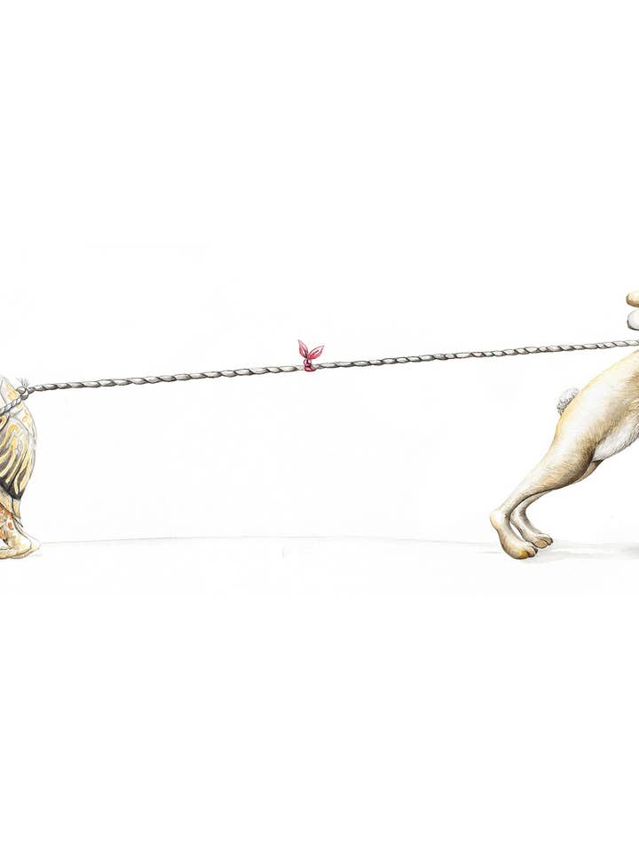 Tug Of War Giclee Print, Turtle And Hare Watercolor Painting for wholesale by Katie Crawford Art