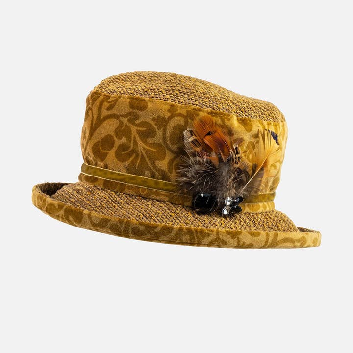 Proppa Toppa Hats - Wholesale Fedora - Women's - Mustard Vintage Velour & Chenille Small Brim with Feather Decoration.3