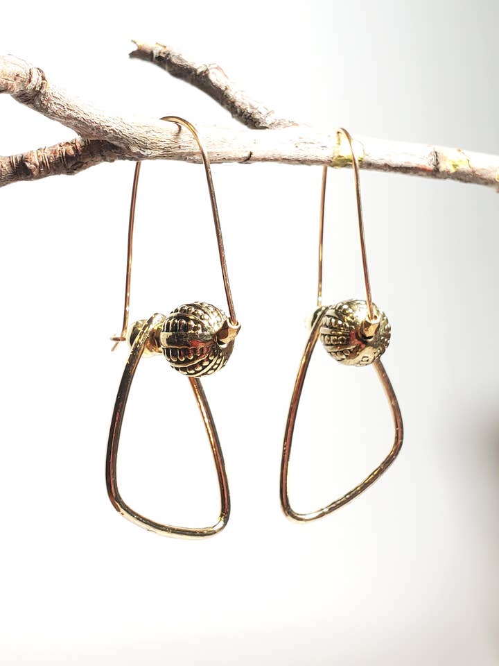 Earrings, Large, Gold Tri-Dangles, Yuki for wholesale by Jezabel Adornment