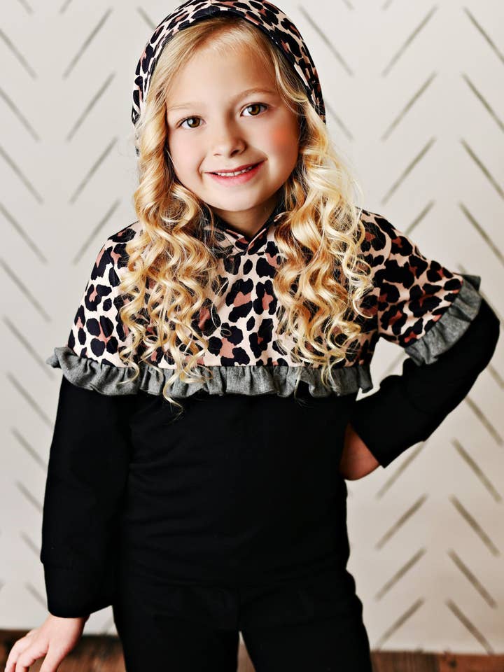 Adorable Sweetness - Wholesale Lounge Set - Kids - Kids Black Leopard Ruffle Hooded Sweatshirt Lounge Set