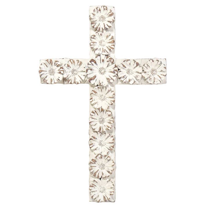 WHITE FLORAL RESIN WALL CROSS 10" for wholesale by Dicksons