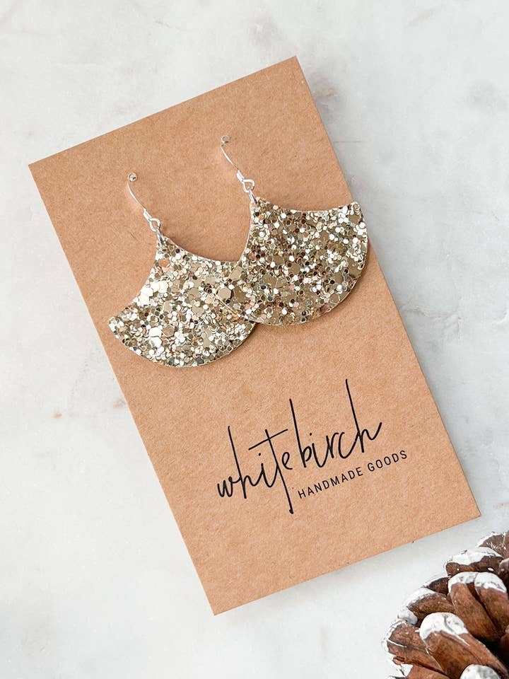 Gold Glitter Leather Fan Earrings for wholesale by Whitebirch Handmade Goods