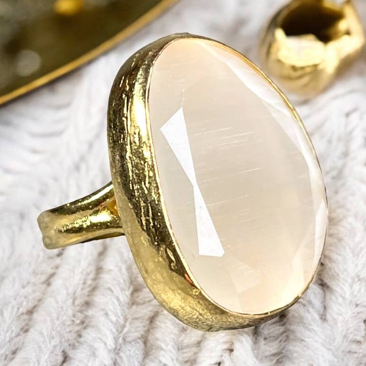 TOURMALYN - Vente Bague de cocktail/de cérémonie - Bague "ZOELIE" pierre naturelle agate blanche dorée or fin0