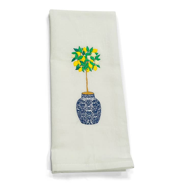 Vibrantly Blue - Wholesale Tea Towel - Towel - Lemon Tree in Blue and White Planter Pot on white