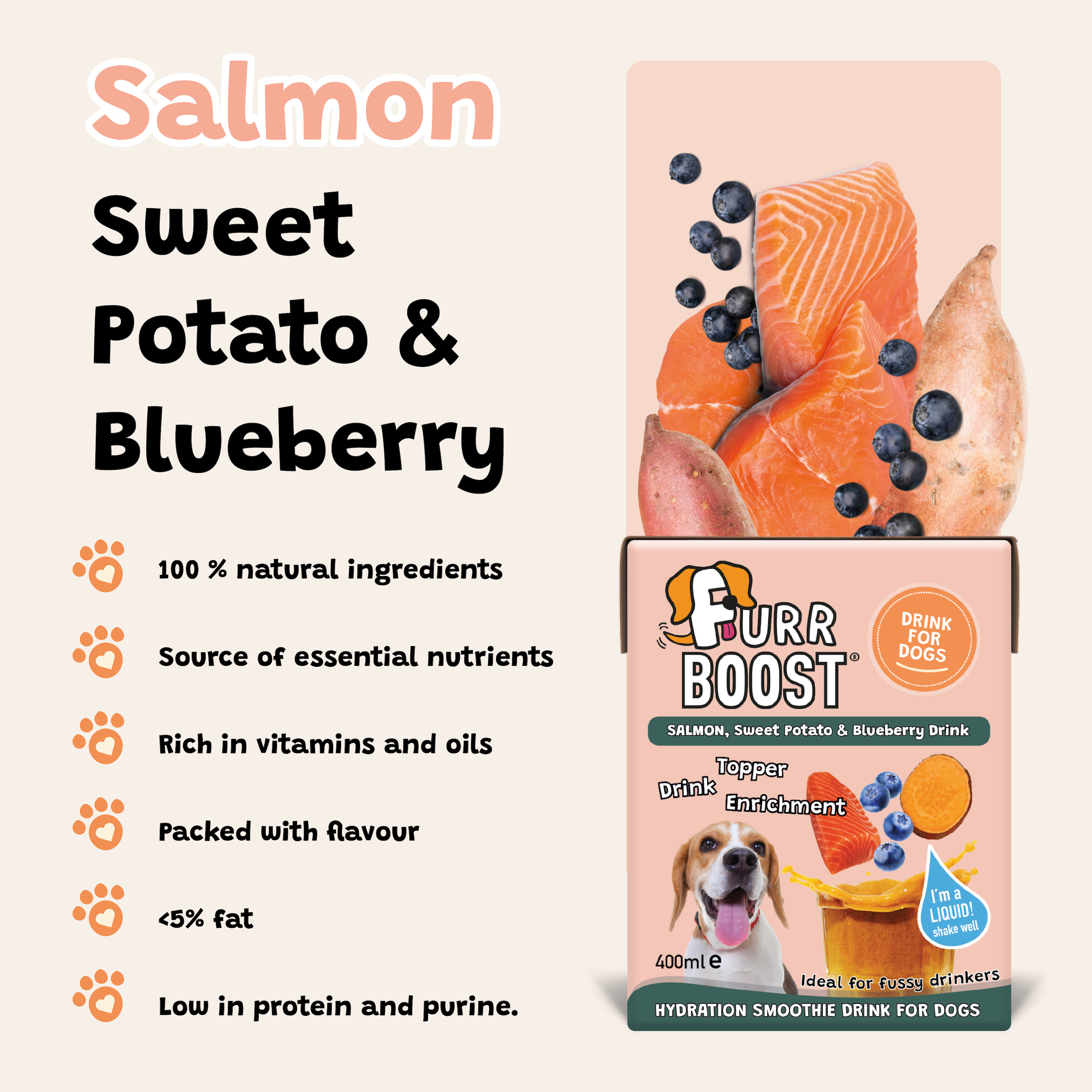 Furr Boost – wholesale Pet food – Dog – Salmon, Sweet Potato and Blueberry | Half Case | 6x400ml4