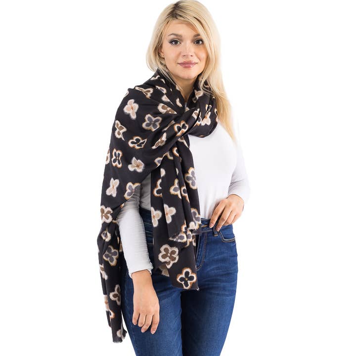 Cap Zone - Wholesale Scarf - Women's - Multicolor Clover Monogram Print Faux Cashmere Oblong Scarf4