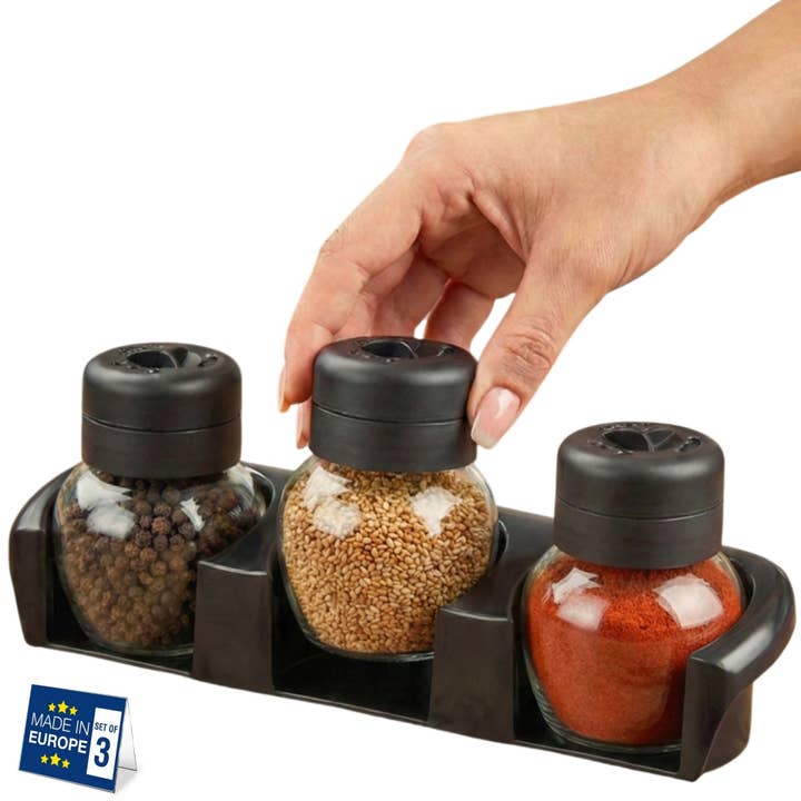 3-Pack Glass Seasoning Shakers with Rack, 7.1 oz Spice Jars for wholesale by Hakan