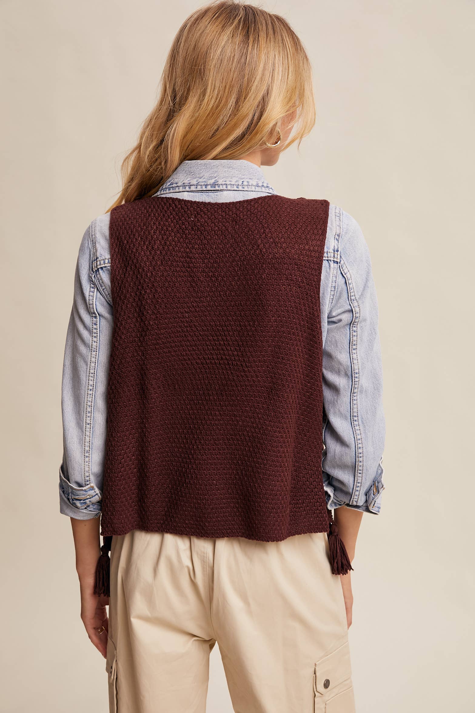 Listicle - Wholesale Sweater Vest - Women's - Crochet Granny Square Tassel Tie Vest LSW10067