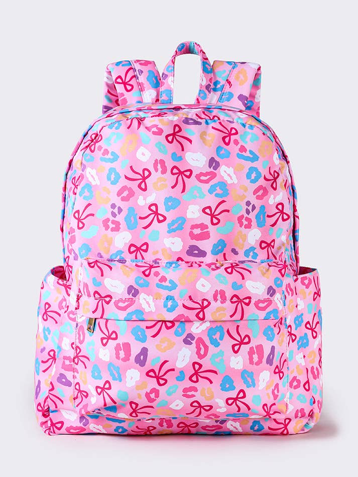 Cheetah Bow Printed Girls Backpack for wholesale by sassy kids palace