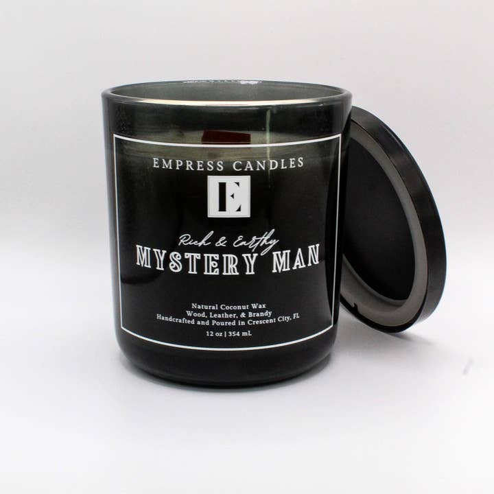 Natural Nontoxic & Vegan Long Burning Time Wood Leather Brandy "Mystery Man" Candle for wholesale by Empress Candles
