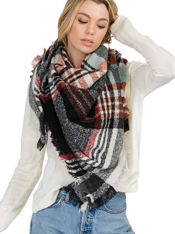 Madras Tartan Plaid Checkered Fray Trim Blanket Scarf for wholesale by Cap Zone