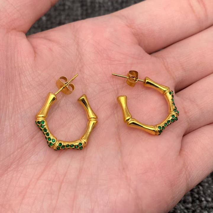 Mio Queena - Wholesale Hoop Earrings - Green CZ Bamboo 18K Golden S.Steel Hoop Earrings - FGS1